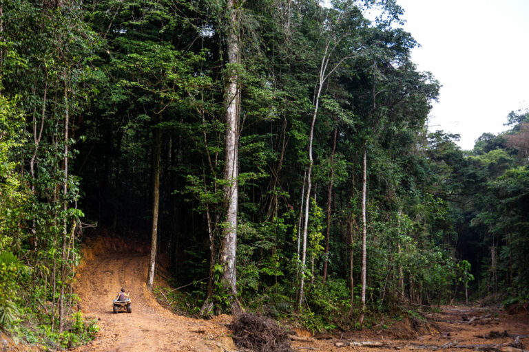 Piste de latérite en forêt - Quad accédant à la jungle - Reportage terrain Guyane - photographe nantes